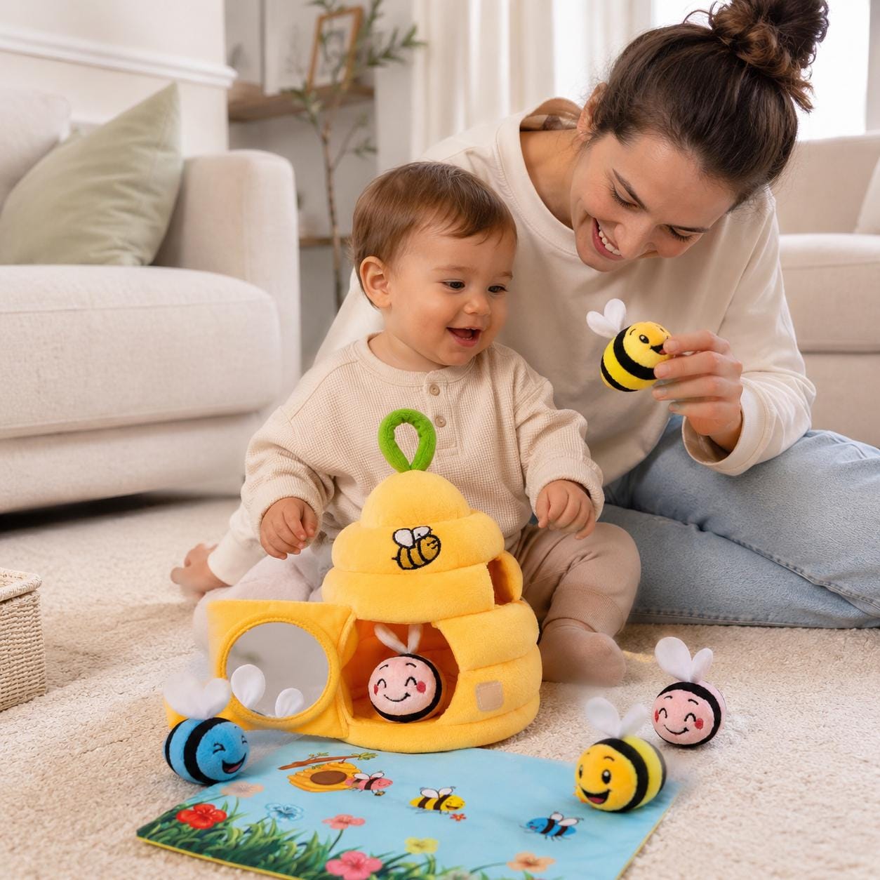 Soft Beehive Sensory Toy with Plush Bees, Rattle and Mirror product image 3