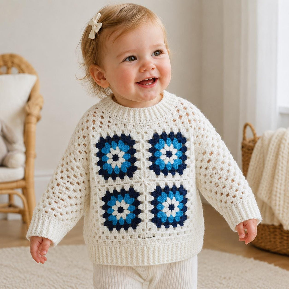 Baby Girl Crochet Sweater, Floral Granny Square Pullover, 6 Months to 3T