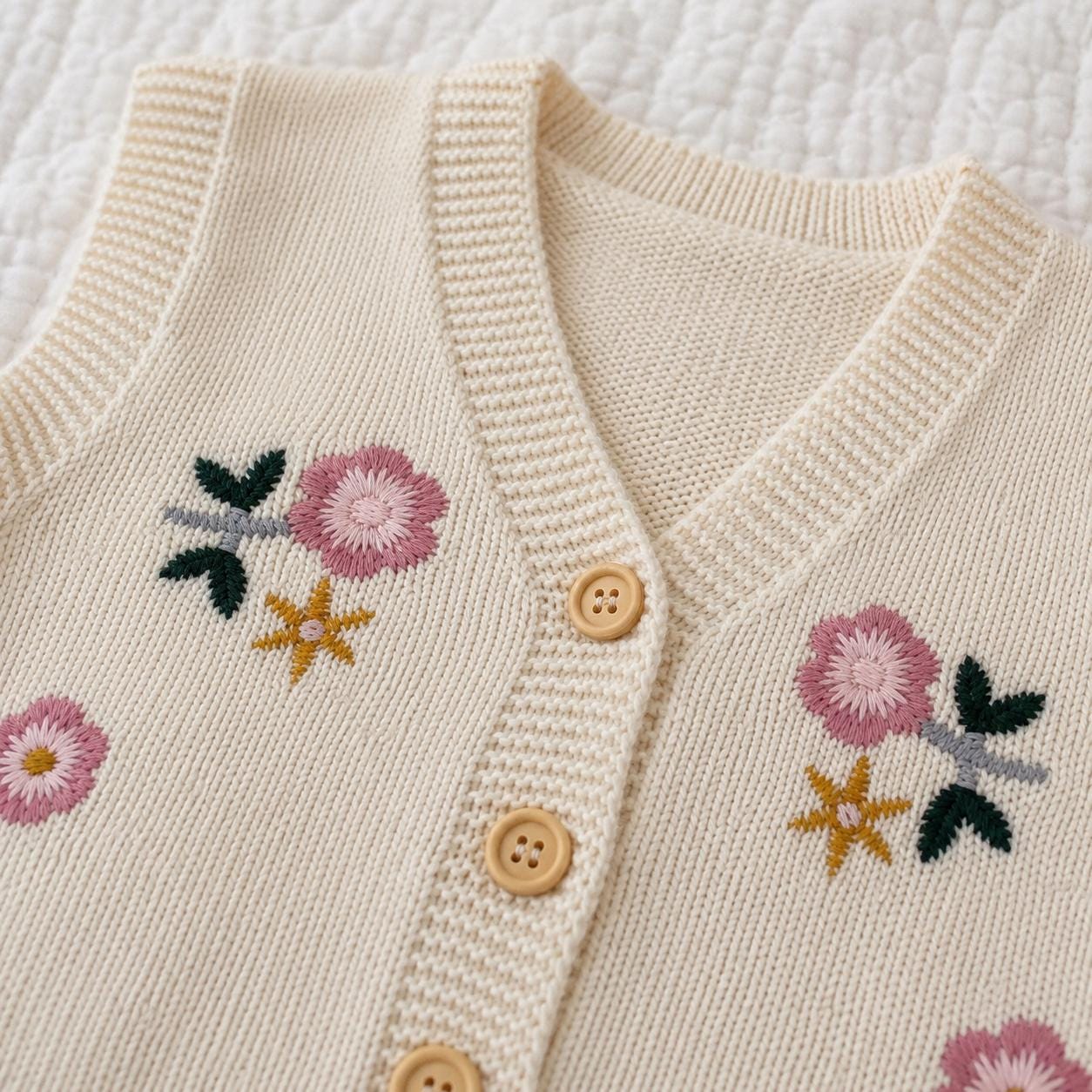 Cream Floral Baby Cardigan, Romper or Vest, Cotton Knitwear product image 7