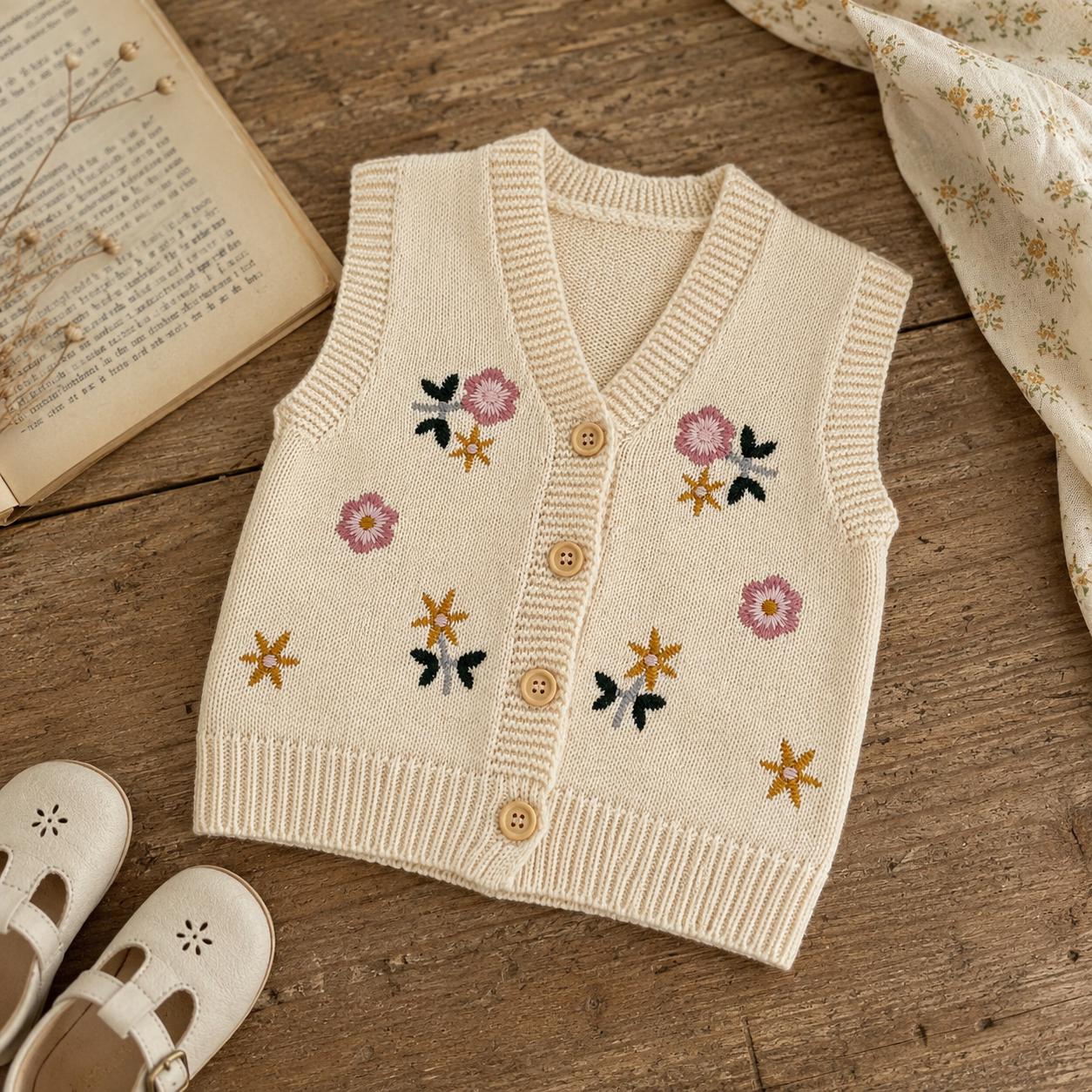 Floral Baby Knit Cardigan, Romper or Vest, Cotton Outfit product image 6