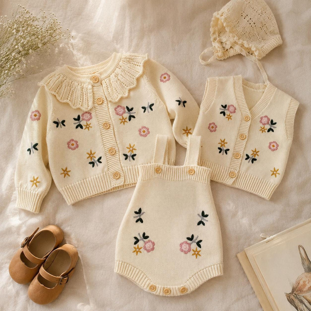 Cream Cotton Baby Girl Knit Outfit: Floral Embroidered Cardigan, Romper or Vest