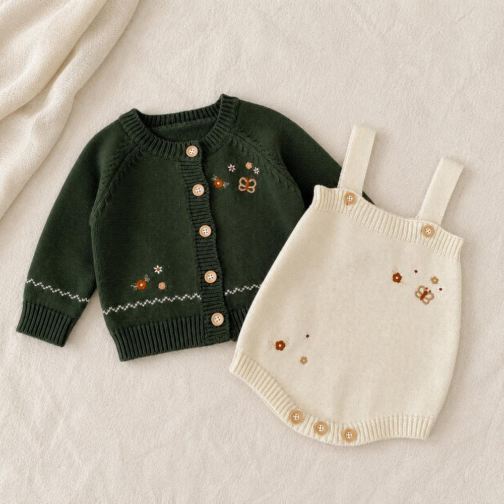 Floral Embroidered Baby Knit Cardigan or Romper, Cotton Baby Girl Outfit, Baby Gift