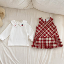 Girls Red Plaid Jumper Dress and Cherry Embroidered Peter Pan Collar Top Set