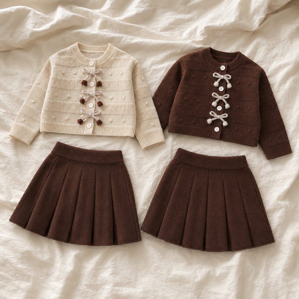 Girls Bow Knit Cardigan and Pleated Skirt, 2-Piece Back to School Outfit
