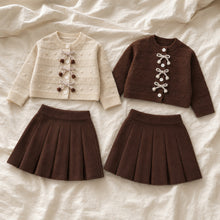 Girls Bow Knit Cardigan and Pleated Skirt, 2-Piece Back to School Outfit