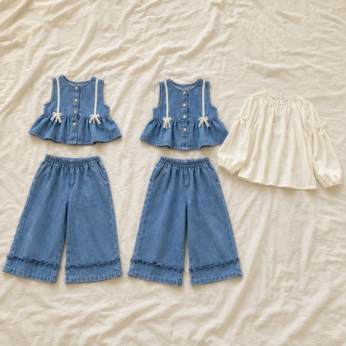 Two and three piece denim vest wide leg pants sets