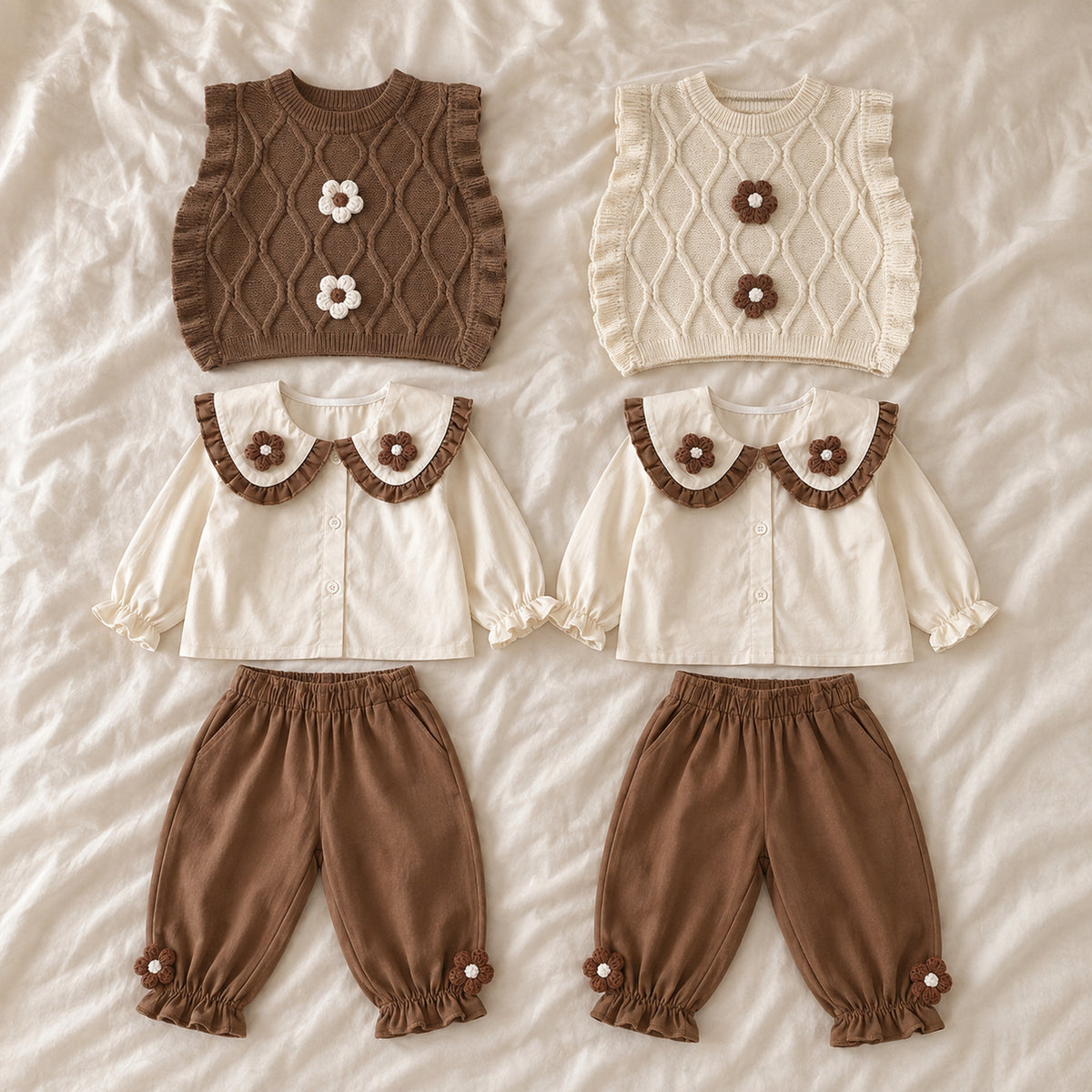 Girls coffee and warm ivory sweater vest three-piece outfits together