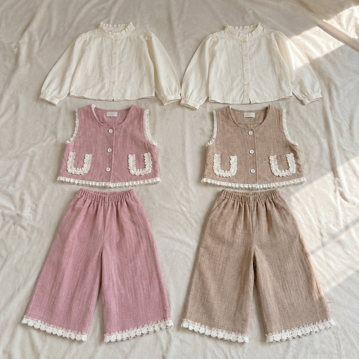 Pink and khaki lace vest blouse wide leg pants sets