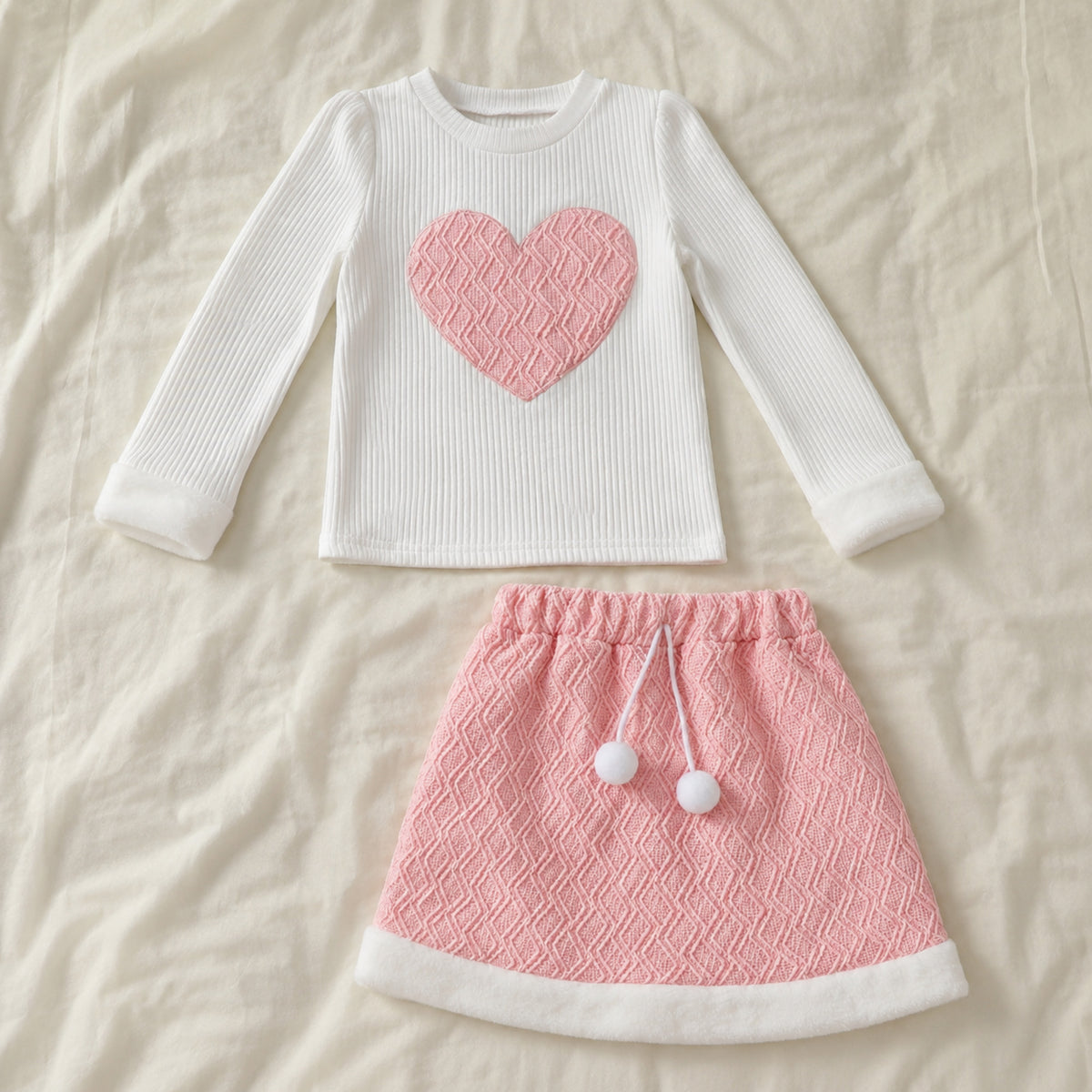 White pink heart top and textured skirt two-piece set