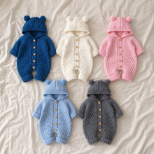 Baby Bear Ear Hooded Knit Romper, Cotton Button Jumpsuit in 5 Colors