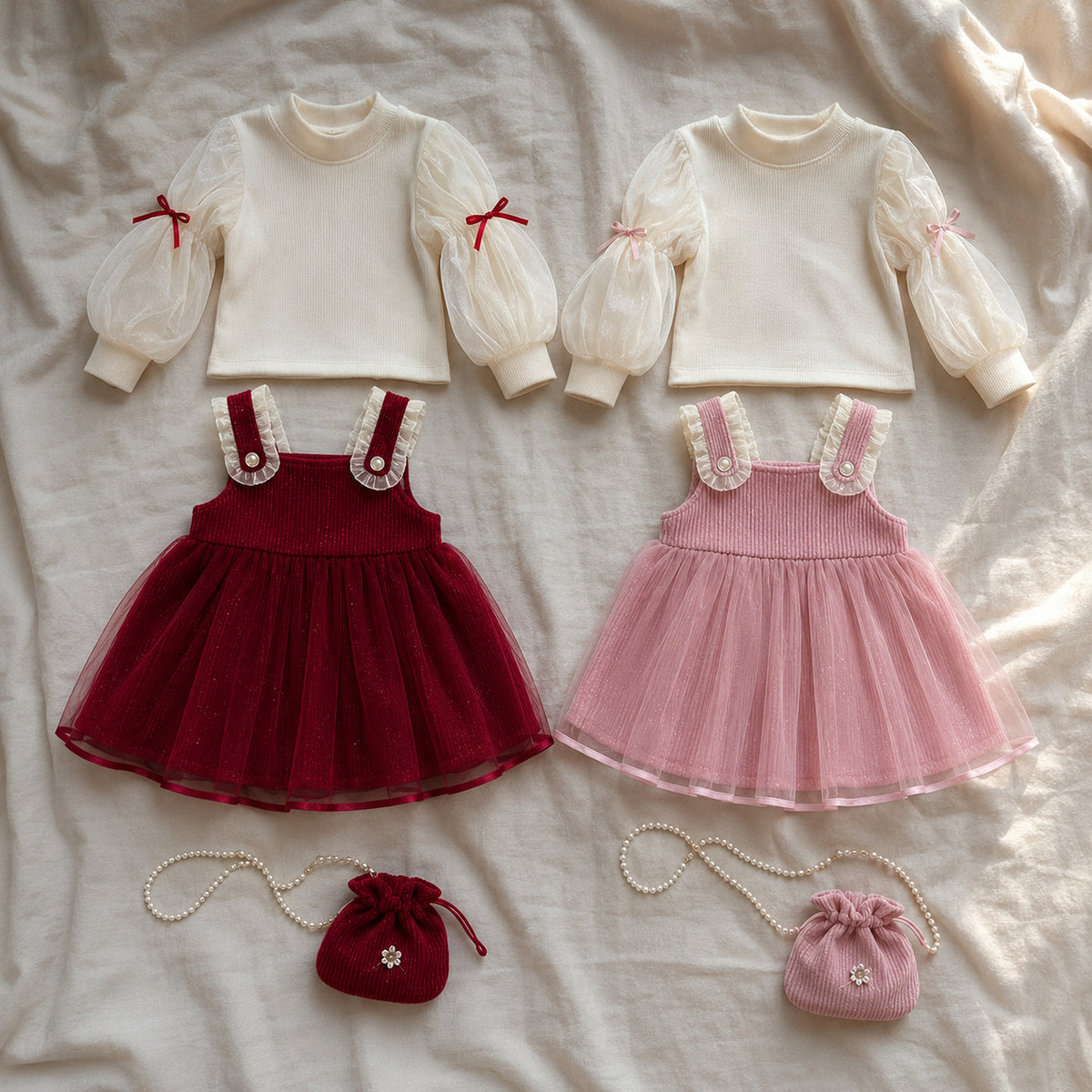 Girls red and dusty pink pinafore dress three-piece sets together