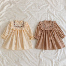 Girls Embroidered Ruffle Bib Cotton Dress, Long Sleeve Back to School Style
