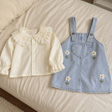 Girls Denim Pinafore Dress, Lace Ruffle Blouse Two-Piece Set, Back to School Outfit