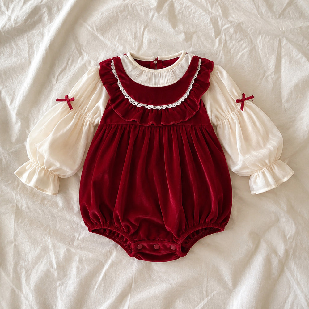 Baby Girl Red Velvet Bubble Romper with Ivory Puff Sleeves and Ruffle Collar