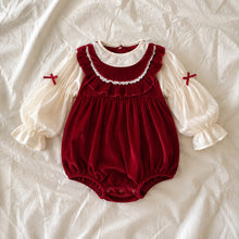 Baby Girl Red Velvet Bubble Romper with Ivory Puff Sleeves and Ruffle Collar