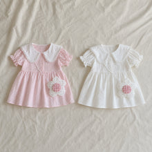 Girls Peter Pan Collar Summer Dress with Flower Pocket, Pink or White