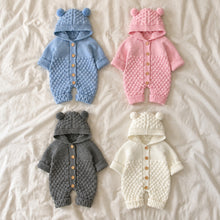 Baby Bear Ear Hooded Knit Romper with Wooden Buttons, 4 Colors