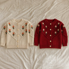 Girls Floral Embroidered Bobble Knit Cardigan, Beige or Red Back to School Sweater
