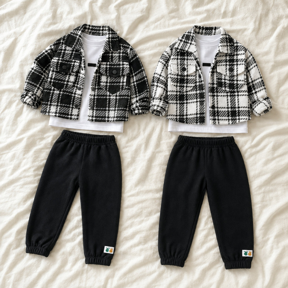 Boys black plaid and white plaid three-piece outfits shown together