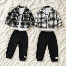 Boys Plaid Shacket, White T-Shirt and Black Jogger Pants, 3-Piece Back to School Set
