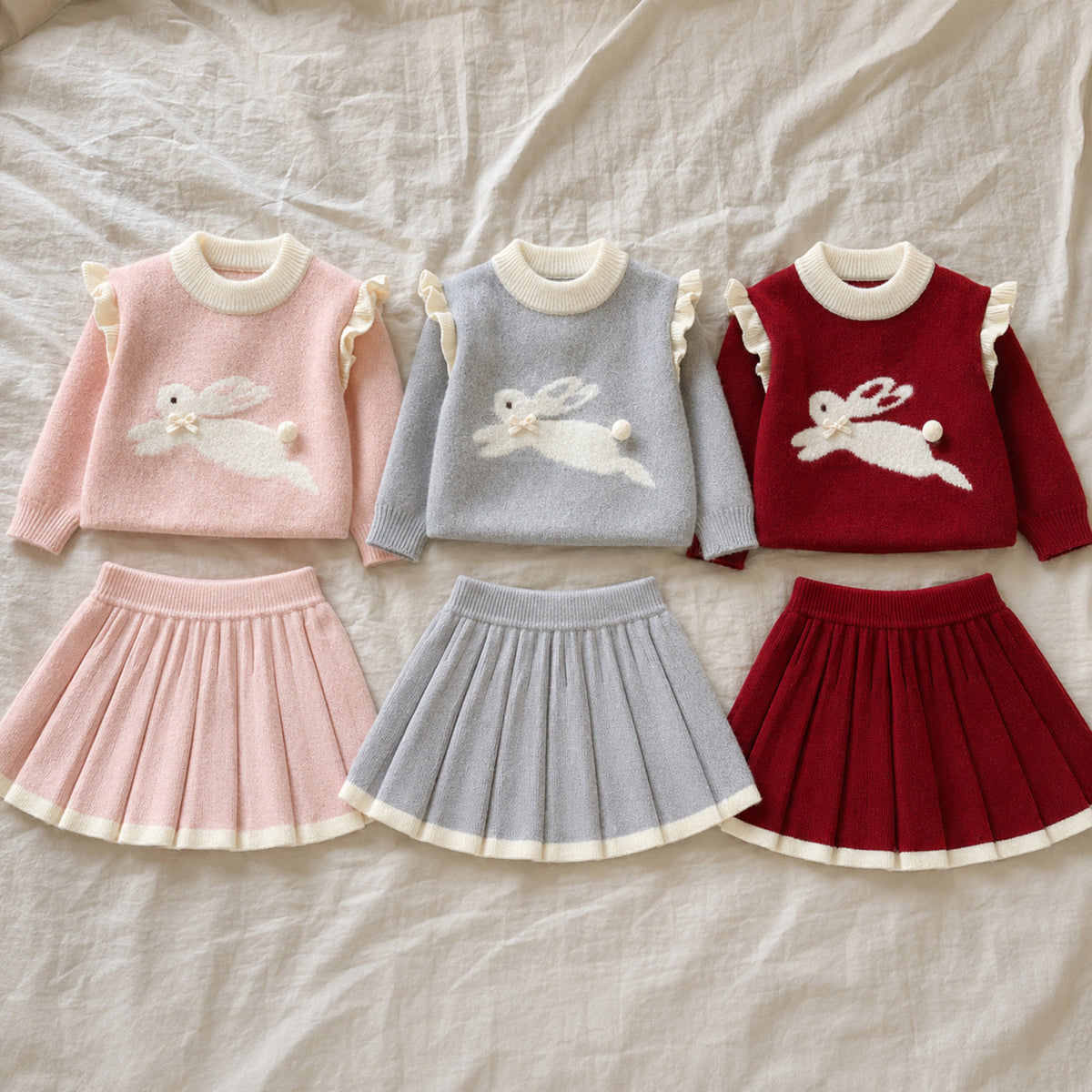 Pink grey and red bunny pullover skirt sets