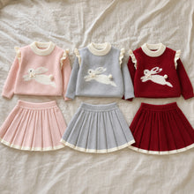 Girls Bunny Knit Pullover and Pleated Skirt, 2-Piece Back to School Outfit