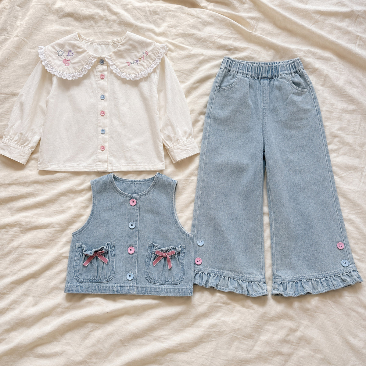Girls ivory blouse, denim vest and wide-leg pants three-piece set