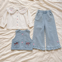 Girls Denim Vest, Lace Collar Blouse and Wide-Leg Pants, 3-Piece Back to School Outfit