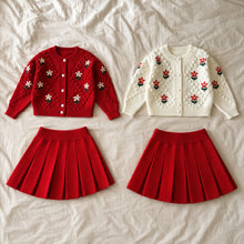 Toddler Girl Fall Outfit, Floral Knit Cardigan & Red Pleated Skirt Set