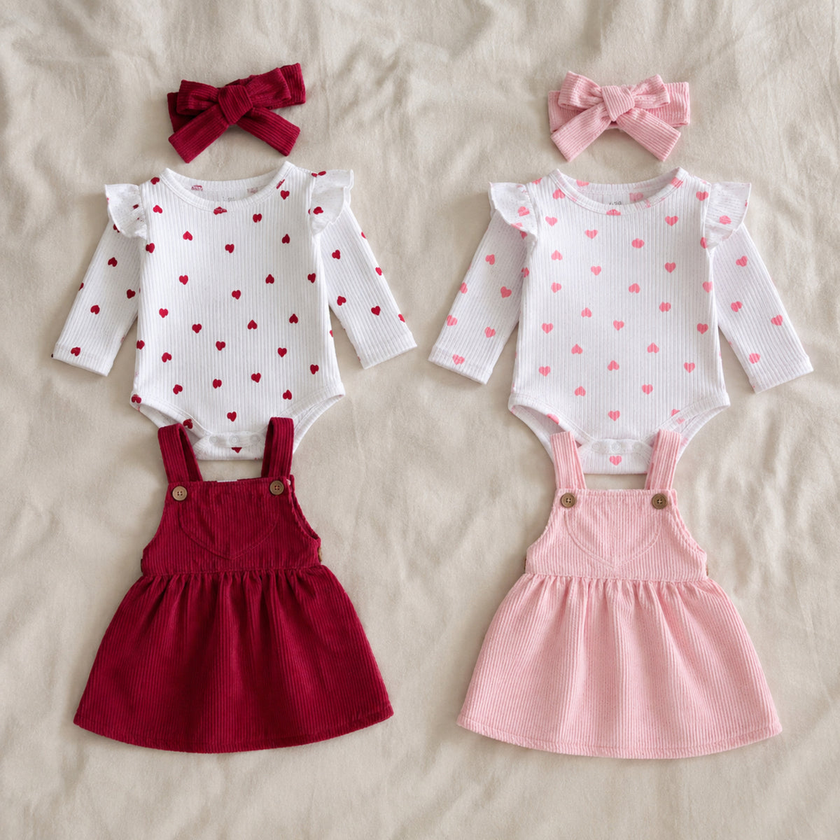 Red and pink heart romper pinafore dress sets