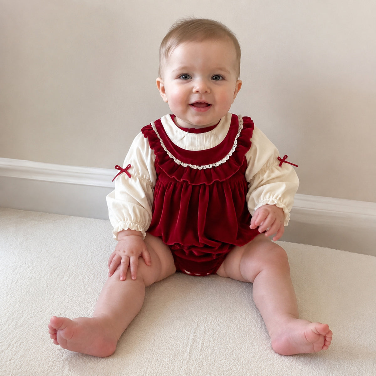 Baby wearing red ruffle collar bubble romper at home