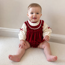 Baby Girl Red Velvet Bubble Romper with Ivory Puff Sleeves and Ruffle Collar