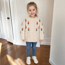 Girls Floral Embroidered Bobble Knit Cardigan, Beige or Red Back to School Sweater