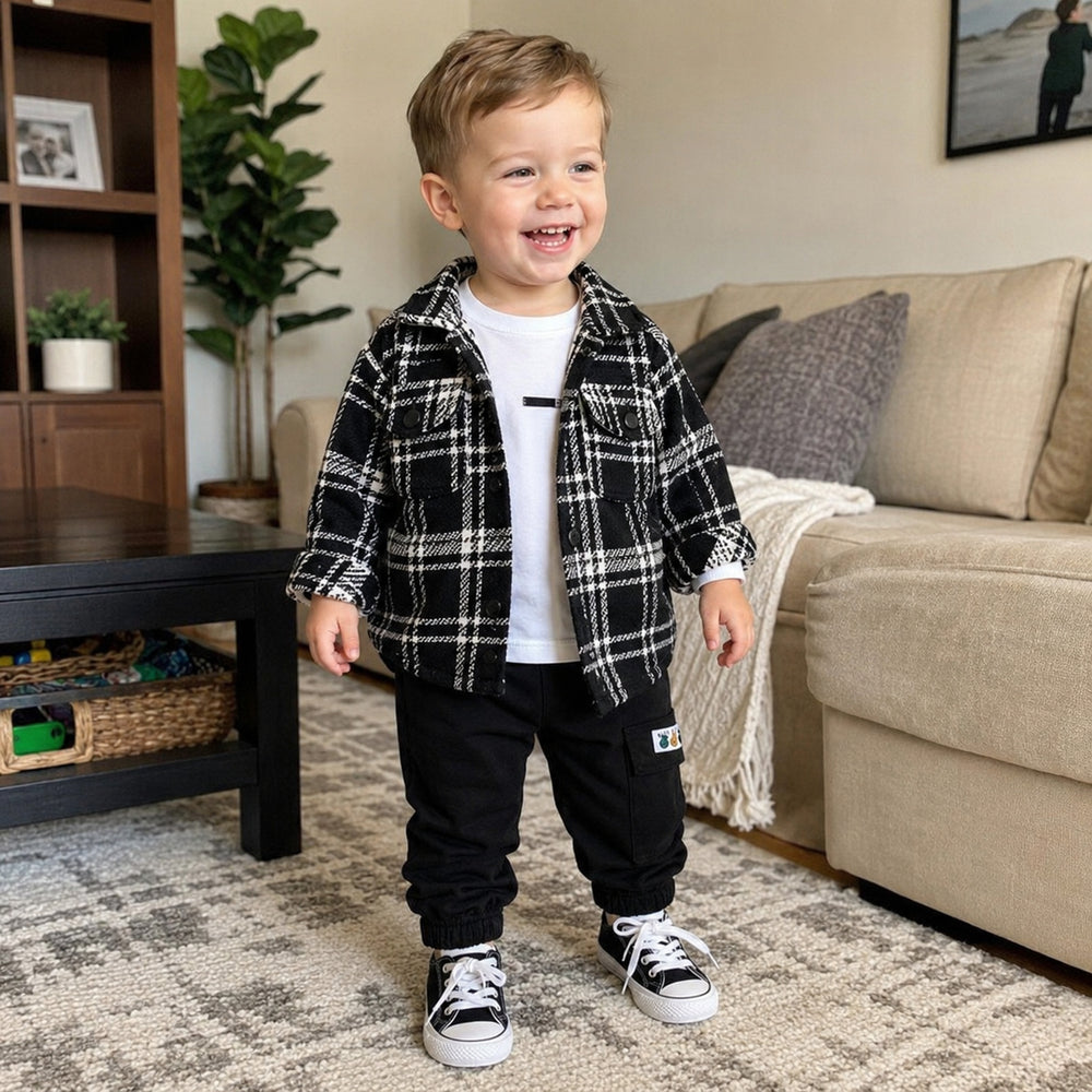 Boys Plaid Shacket, White T-Shirt and Black Jogger Pants, 3-Piece Back to School Set
