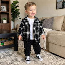Boys Plaid Shacket, White T-Shirt and Black Jogger Pants, 3-Piece Back to School Set