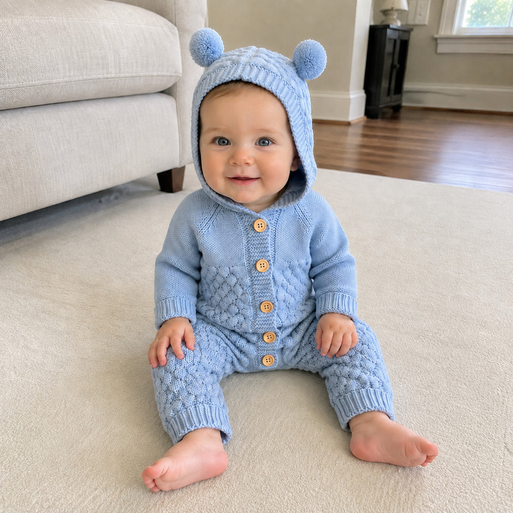 Baby Bear Ear Hooded Knit Romper with Wooden Buttons, 4 Colors