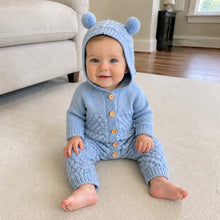 Baby Bear Ear Hooded Knit Romper with Wooden Buttons, 4 Colors