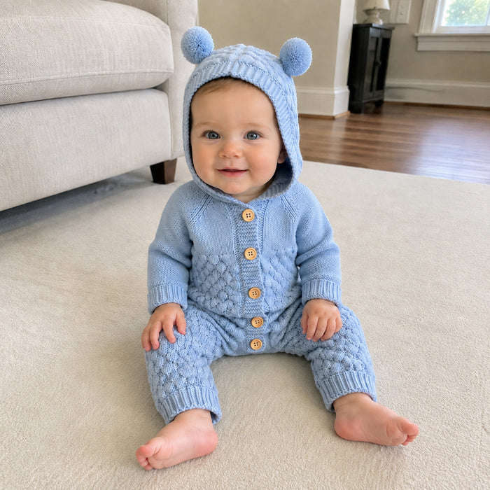 Baby Bear Ear Hooded Knit Romper with Wooden Buttons, 4 Colors