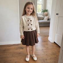 Girls Bow Knit Cardigan and Pleated Skirt, 2-Piece Back to School Outfit