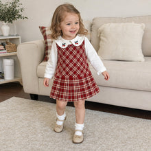Girls Red Plaid Jumper Dress and Cherry Embroidered Peter Pan Collar Top Set
