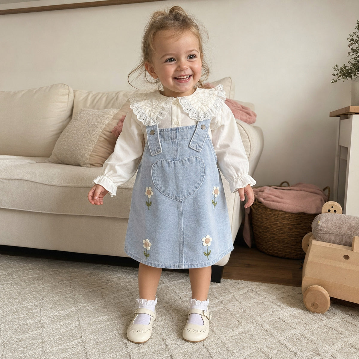 Toddler girl wearing the floral denim pinafore and lace blouse at home