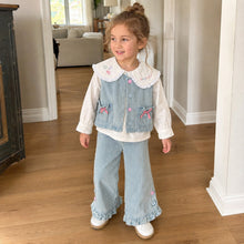 Girls Denim Vest, Lace Collar Blouse and Wide-Leg Pants, 3-Piece Back to School Outfit