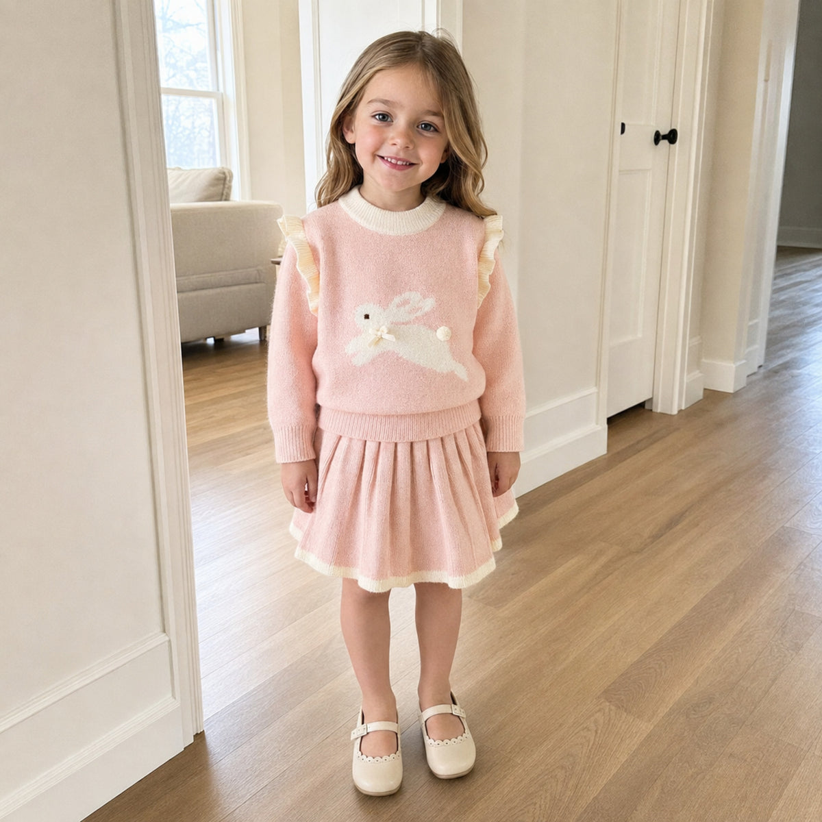 Girl wearing pink bunny sweater and pleated skirt