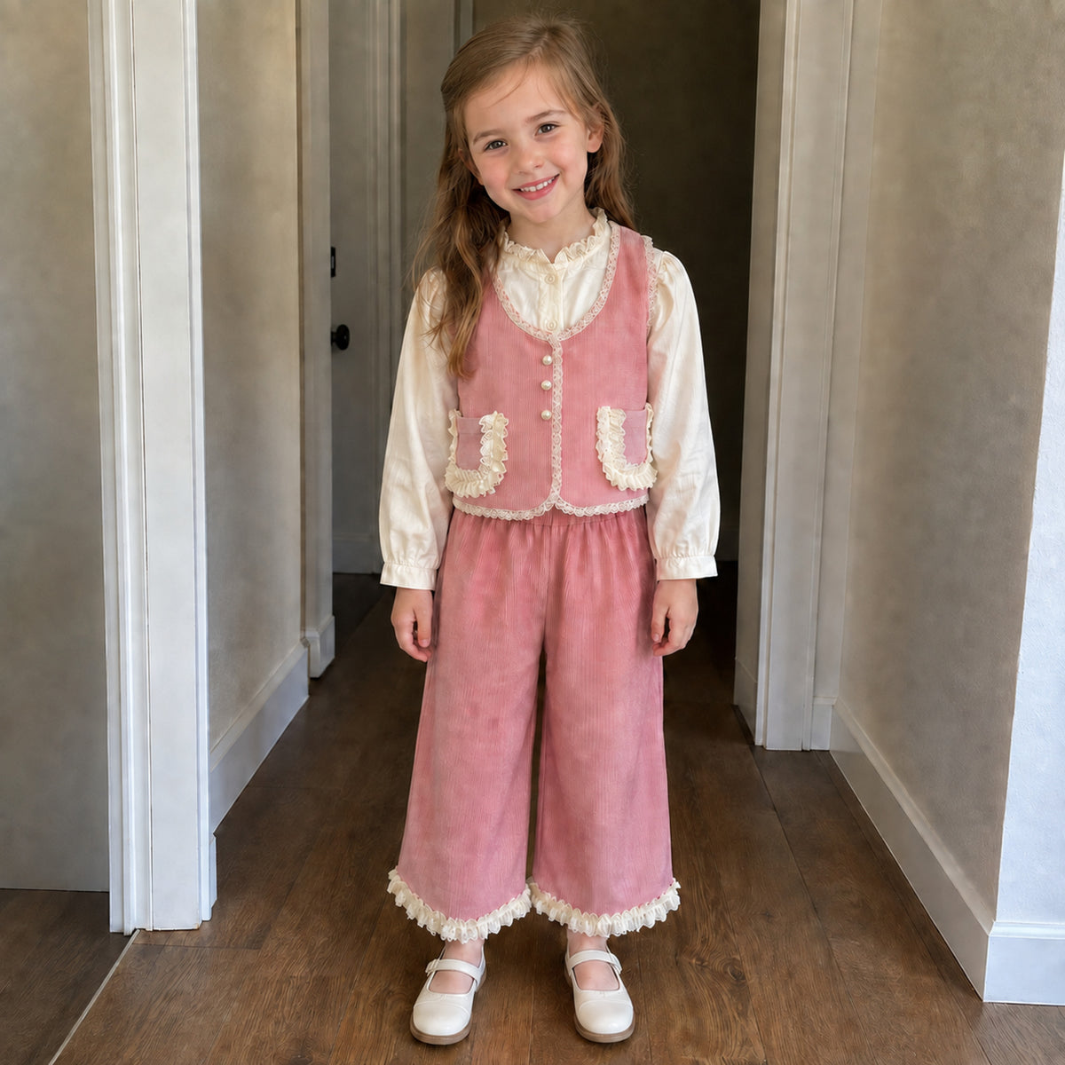 Girl wearing pink lace vest blouse and wide leg pants