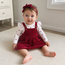Baby Girl Heart Romper and Corduroy Pinafore Dress Set with Bow Headband