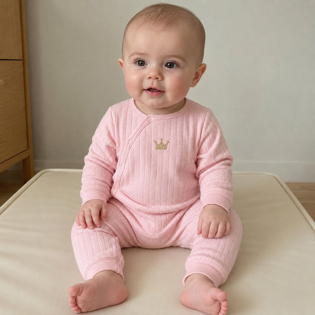 Baby wearing blush pink cotton newborn romper