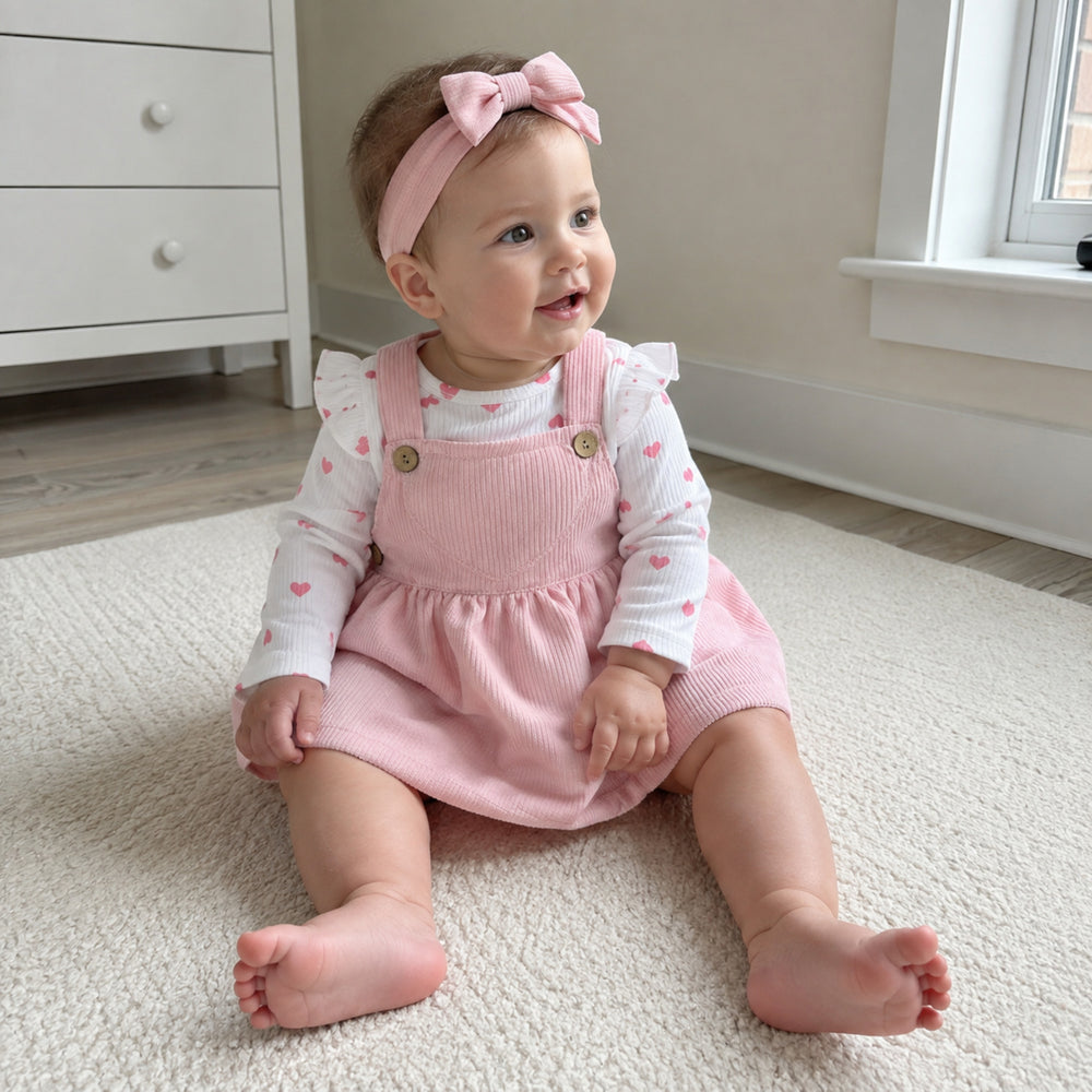 Baby Girl Heart Romper and Corduroy Pinafore Dress Set with Bow Headband
