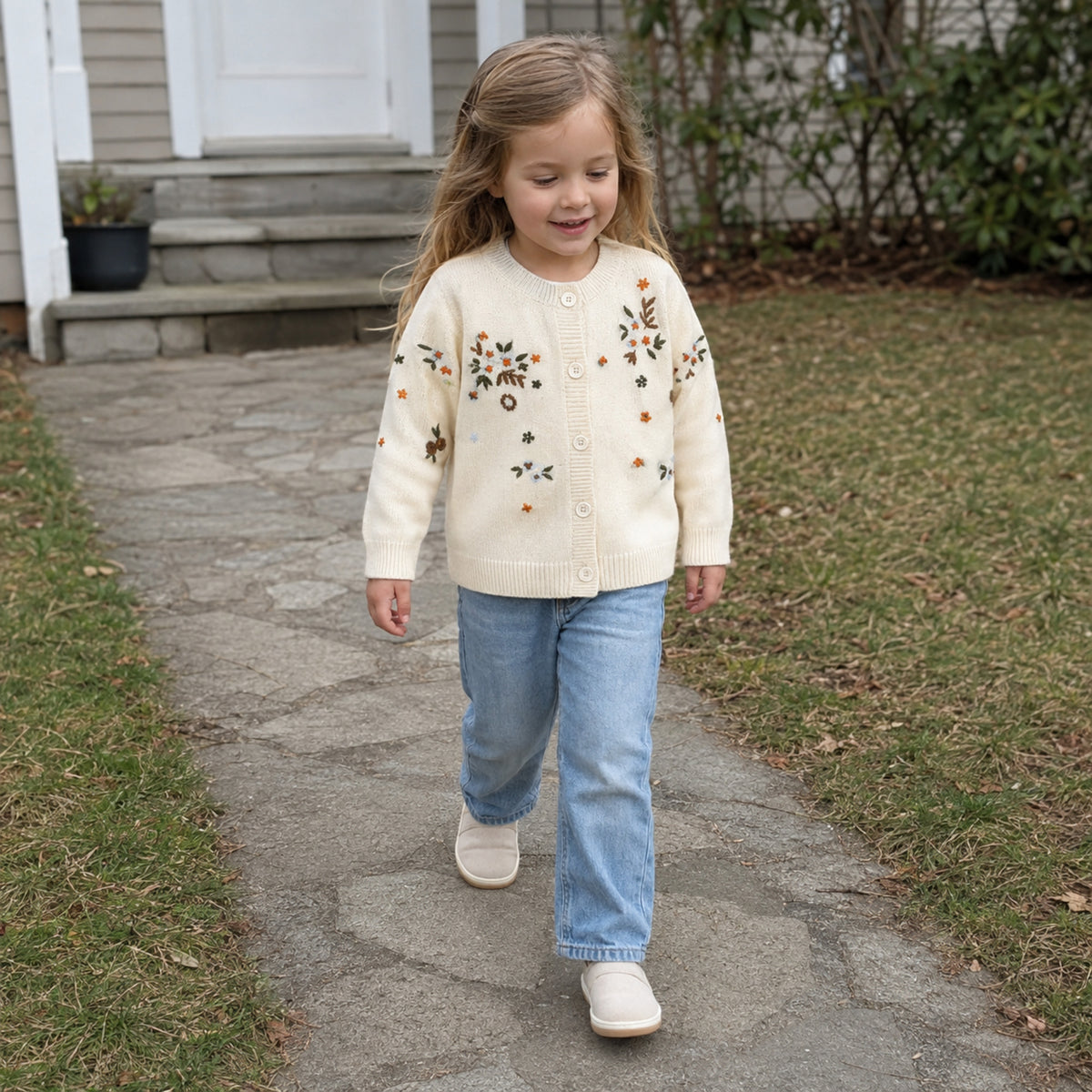 Girl wearing ivory botanical cardigan outdoors