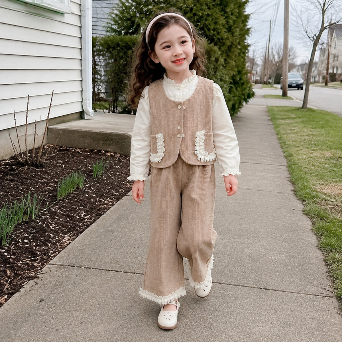 Girl wearing khaki three piece outfit outdoors
