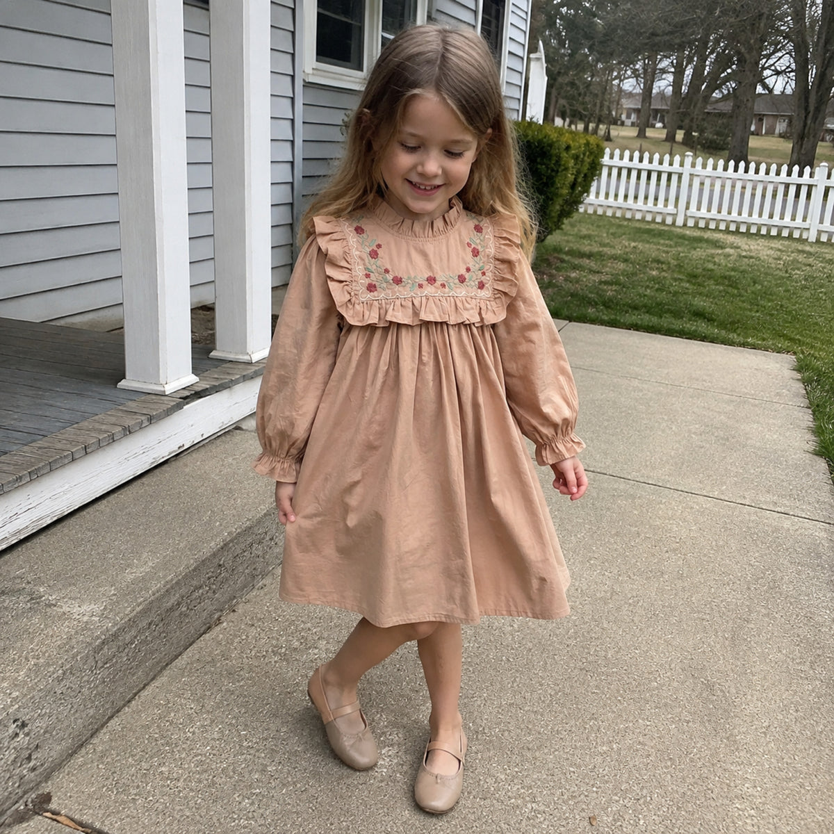 Girls khaki ruffle bib dress for fall outings